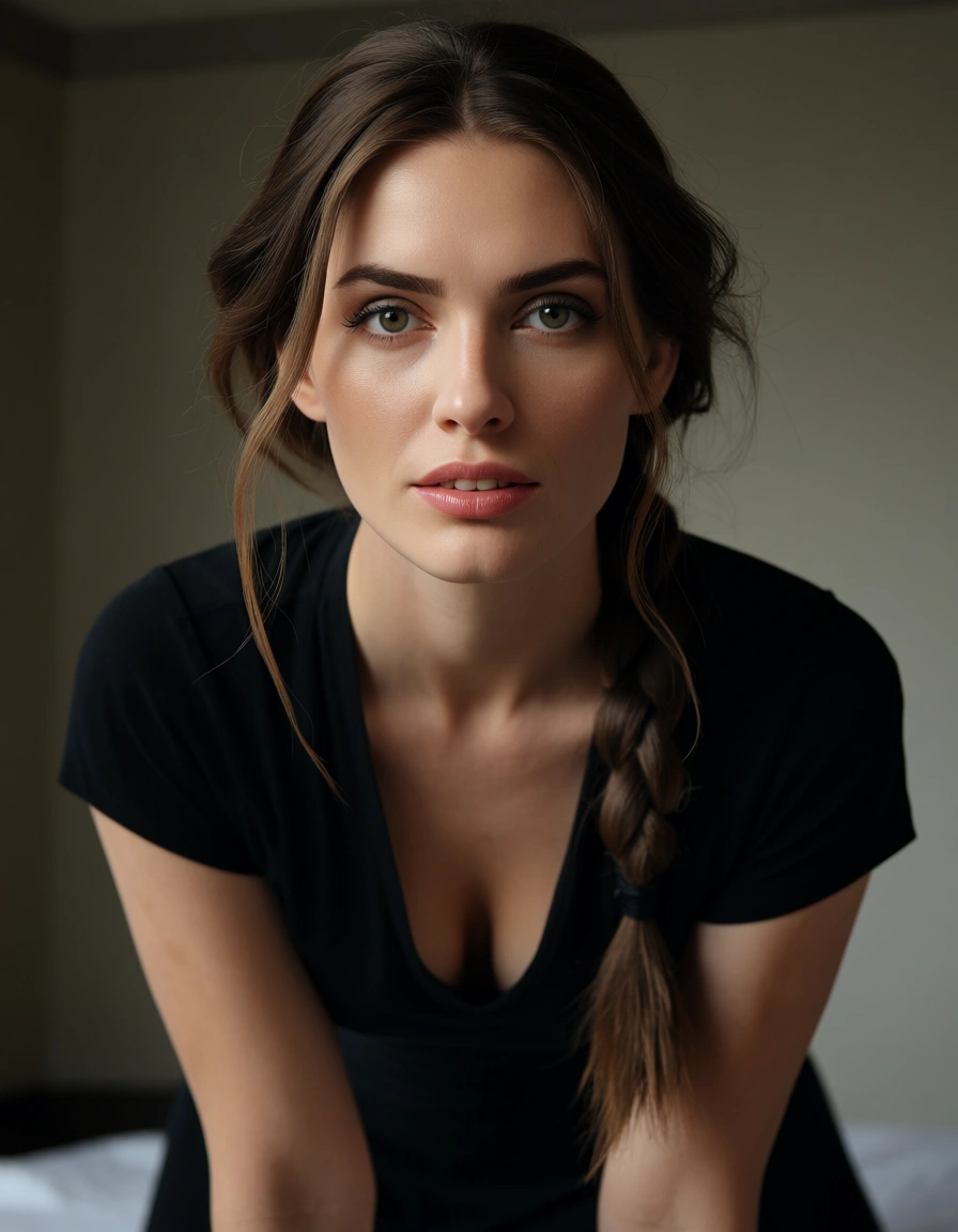 highly detailed, natural lighting, witch, single braid, short sleeves, doggy style, lifelike render, score_9, score_8, candid photo, realistic skin texture, visible skin pores, film grain, depth of field