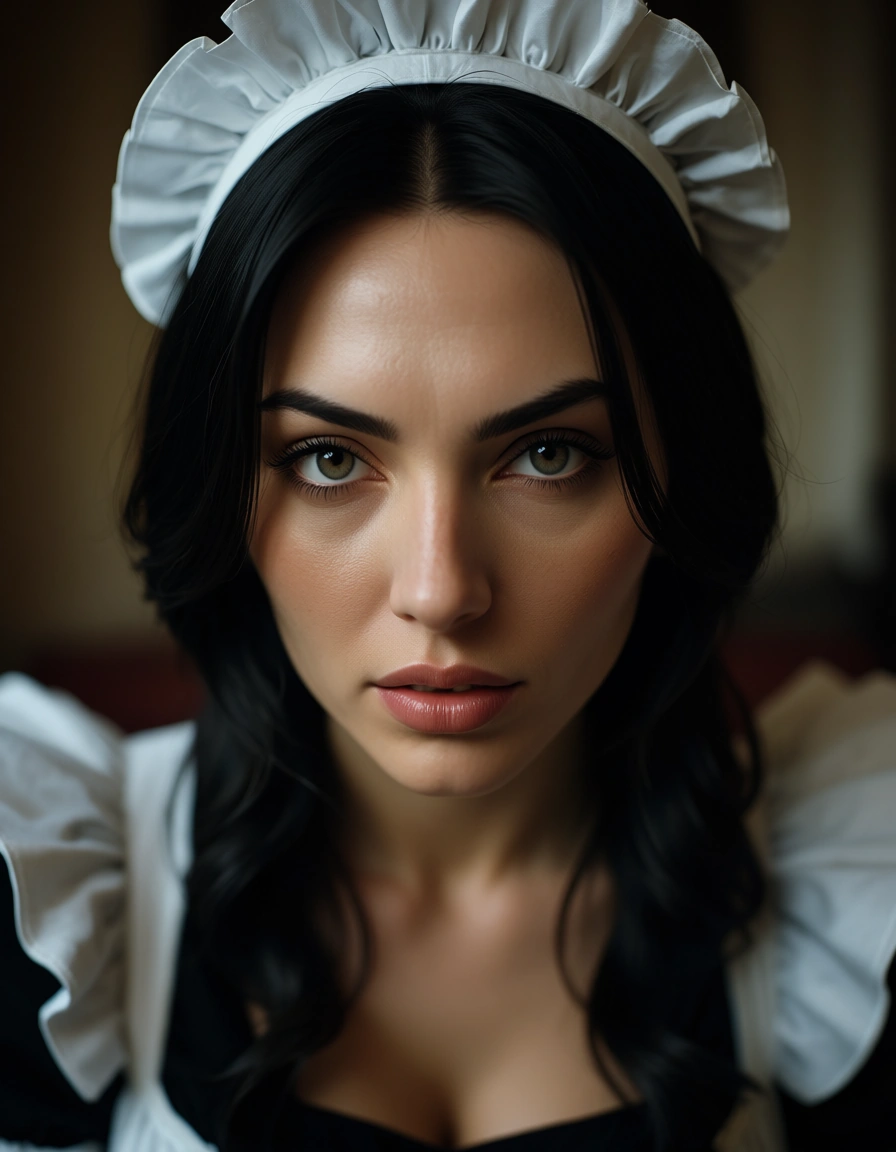 studio quality, sharp focus, maid, black hair, alternate costume, presenting, soft lighting, 8k uhd photo, score_9, score_8, candid photo, realistic skin texture, visible skin pores, film grain, depth of field