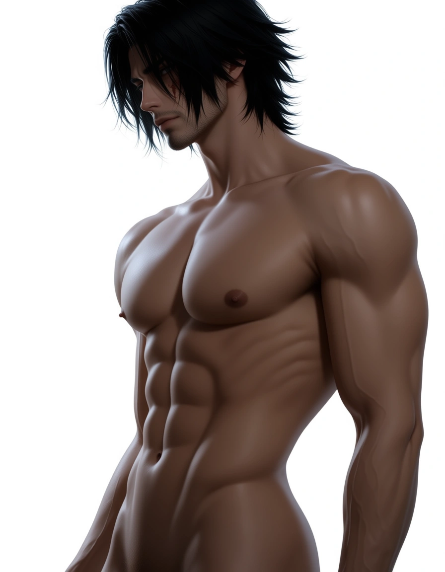 professional photo, high detail, 1boy, scar, bikini, fully nude, white background, side view, hyperrealistic, hentai_studio_quality