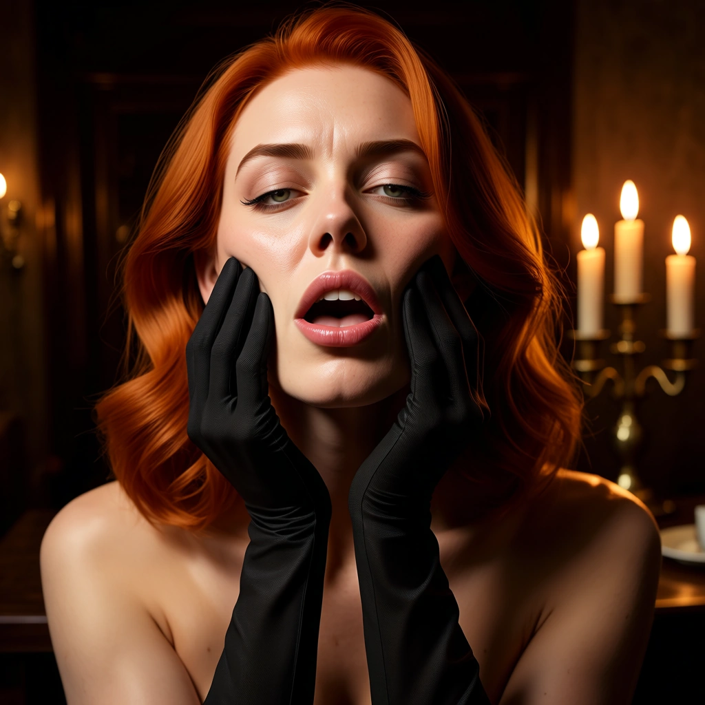 RAW photo, ultra realistic, redhead woman, gloves, deepthroat, candlelight, lifelike render