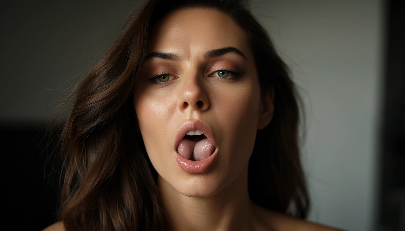 slightly thrusting head, cock entirely concealed in mouth