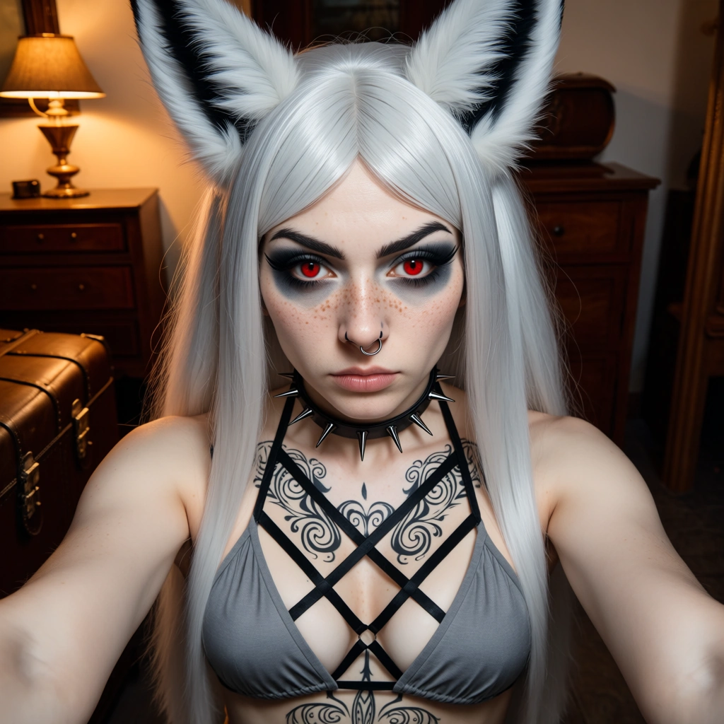 Photorealistic portrait of a woman in her late twenties cosplaying as an anthropomorphic character. She has pale ivory skin dusted with realistic freckles across the nose and cheeks. Her hair is a voluminous, straight silver-white wig reaching mid-back, styled with a center part and wispy bangs framing the forehead. Large, upright black-and-white fox ears protrude from the top of the headpiece. Her eyes are striking red contact lenses with dilated pupils, framed by heavy black winged eyeliner and smoky grey eyeshadow that creates a hollowed look; eyebrows are dark and sharply arched. A small silver hoop rings her left nostril, and a black painted dot mimics a nose on the tip of her actual nose. She wears a black spiked choker collar around her neck. Her attire consists of a grey fabric bikini top overlaid with a complex black strappy harness forming a geometric lattice pattern across the chest. Intricate black ink tattoos featuring swirling floral or tribal motifs adorn her upper chest and lower abdomen. She stands facing the camera in a selfie-style medium close-up, arms slightly extended, holding a serious, intense expression with a slight head tilt. The background features warm, dim lighting illuminating vintage wooden furniture and leather trunks, creating a moody, atmospheric setting.