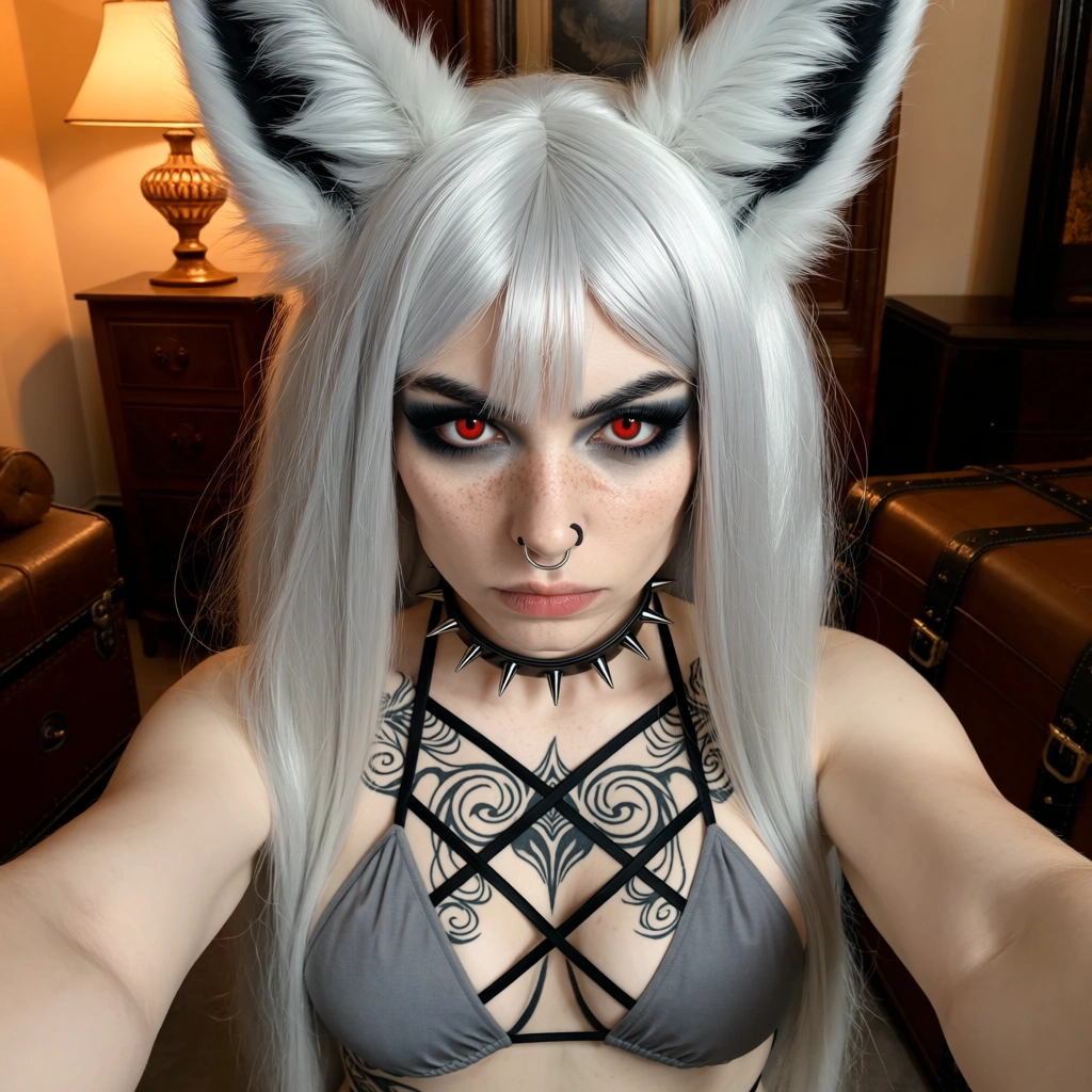 Photorealistic portrait of a woman in her late twenties cosplaying as an anthropomorphic character. She has pale ivory skin dusted with realistic freckles across the nose and cheeks. Her hair is a voluminous, straight silver-white wig reaching mid-back, styled with a center part and wispy bangs framing the forehead. Large, upright black-and-white fox ears protrude from the top of the headpiece. Her eyes are striking red contact lenses with dilated pupils, framed by heavy black winged eyeliner and smoky grey eyeshadow that creates a hollowed look; eyebrows are dark and sharply arched. A small silver hoop rings her left nostril, and a black painted dot mimics a nose on the tip of her actual nose. She wears a black spiked choker collar around her neck. Her attire consists of a grey fabric bikini top overlaid with a complex black strappy harness forming a geometric lattice pattern across the chest. Intricate black ink tattoos featuring swirling floral or tribal motifs adorn her upper chest and lower abdomen. She stands facing the camera in a selfie-style medium close-up, arms slightly extended, holding a serious, intense expression with a slight head tilt. The background features warm, dim lighting illuminating vintage wooden furniture and leather trunks, creating a moody, atmospheric setting.