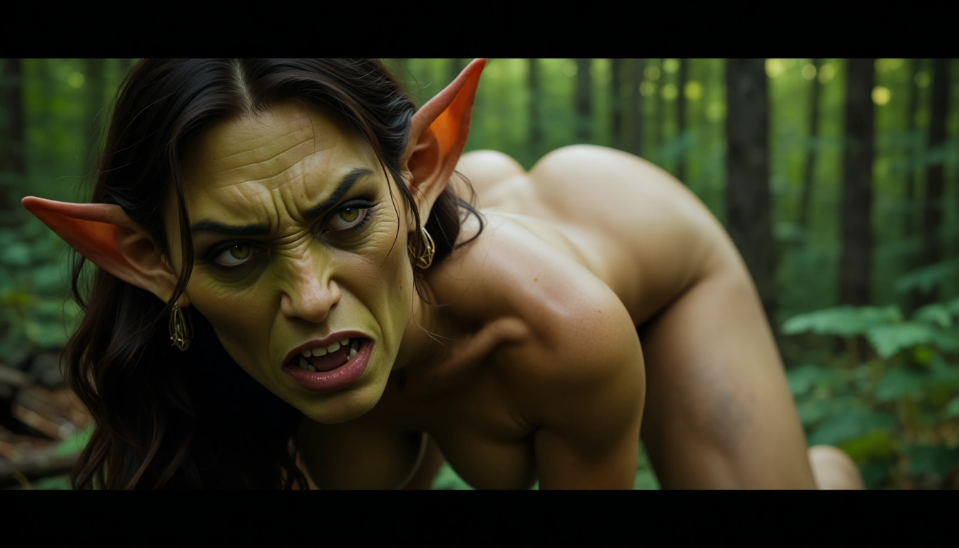 An adventerer having sex with an angry goblin female in the woods.