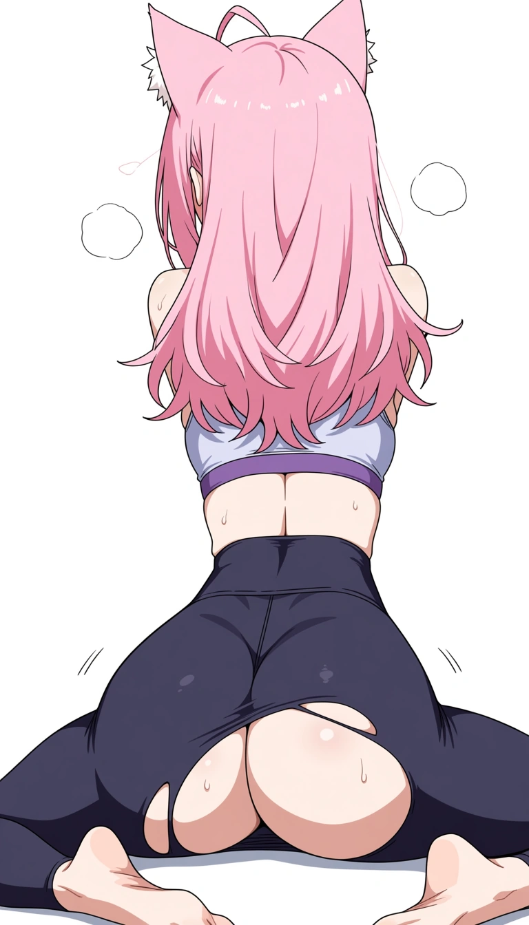 Pink hair cat woman with a phat ass doing yoga but it rips her pants