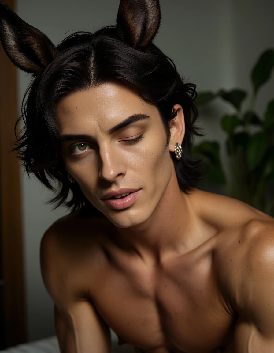 highly detailed, natural lighting, male focus, horse ears, earrings, winking, anal sex, plant, medium shot, soft lighting, dslr quality, score_9, score_8, candid photo, realistic skin texture, visible skin pores, film grain, depth of field
