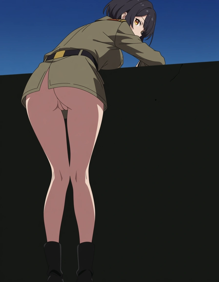 Make a anime girl in a military uniform bending over at the hips looking back at you showing her pussy no pants on also make her standing partially standing side ways (anime style:1.3), 2d, anime screencap, cel shading, flat color, hentai_studio_quality, hentai_studio_quality, (anime style:1.3), 2d, anime screencap, cel shading, flat color, (anime style:1.3), 2d, anime screencap, cel shading, flat color, @00osamio00