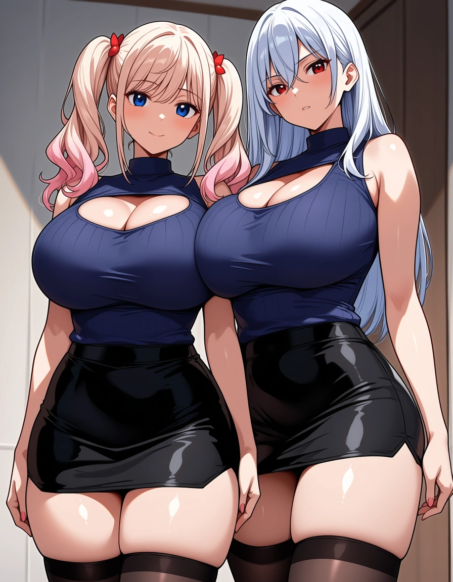 @celestia_ludenberg @enoshima_junko standing next to eachother miniskirt huge_ass cleavage thick_thighs bathroom legs_apart Bulging thighs thighhighs, hentai_studio_quality