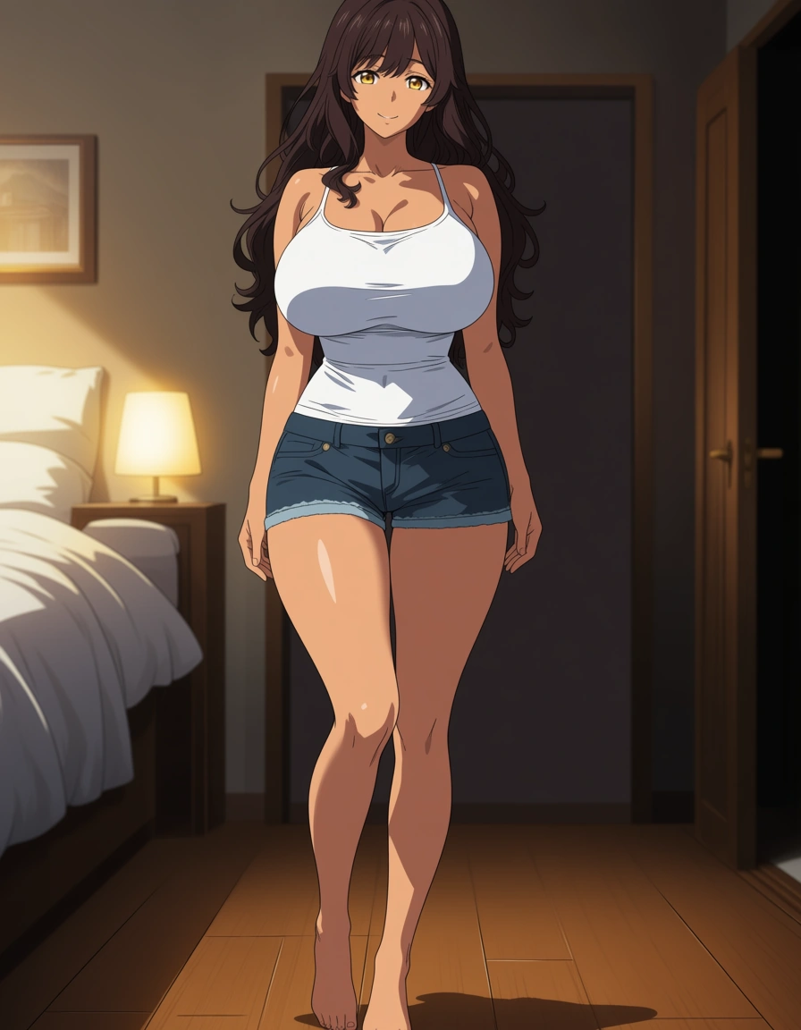 hentai anime style, full body, mature woman, Italian milf, long wavy dark brown hair, golden brown eyes, massive breasts, wide hips, narrow waist, curvy body, tanned skin, no body hair, wearing tight white tank top and short denim shorts, barefoot, standing pose, smiling warmly, bedroom eyes, cozy suburban home background, morning lighting, detailed shading, (anime style:1.3), 2d, anime screencap, cel shading, flat color