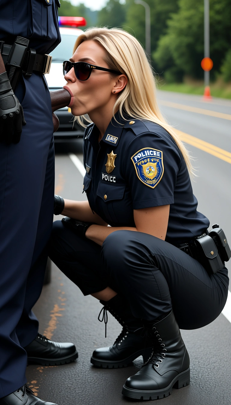 A blonde milf, wearing sunglasses, a police uniform, black uniform pants, and black work boots, squatting, giving an interracial deepthroat blowjob to a police officer with a large penis. On the side of a highway, behind police car. Backlit, photorealistic, sharp focus.