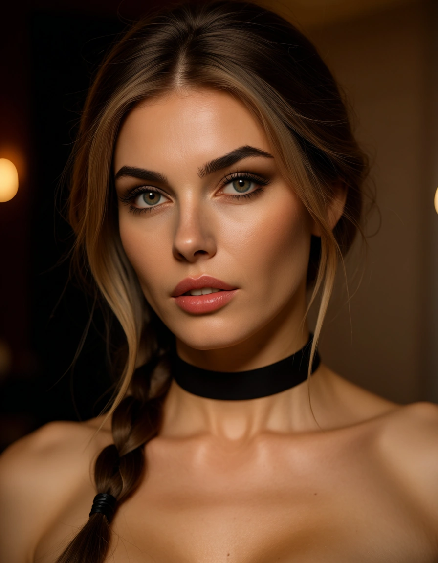 8k, sharp focus, detailed skin, bunny woman, single braid, choker, grinding, warm tones, natural skin texture, score_9, score_8, candid photo, realistic skin texture, visible skin pores, film grain, depth of field