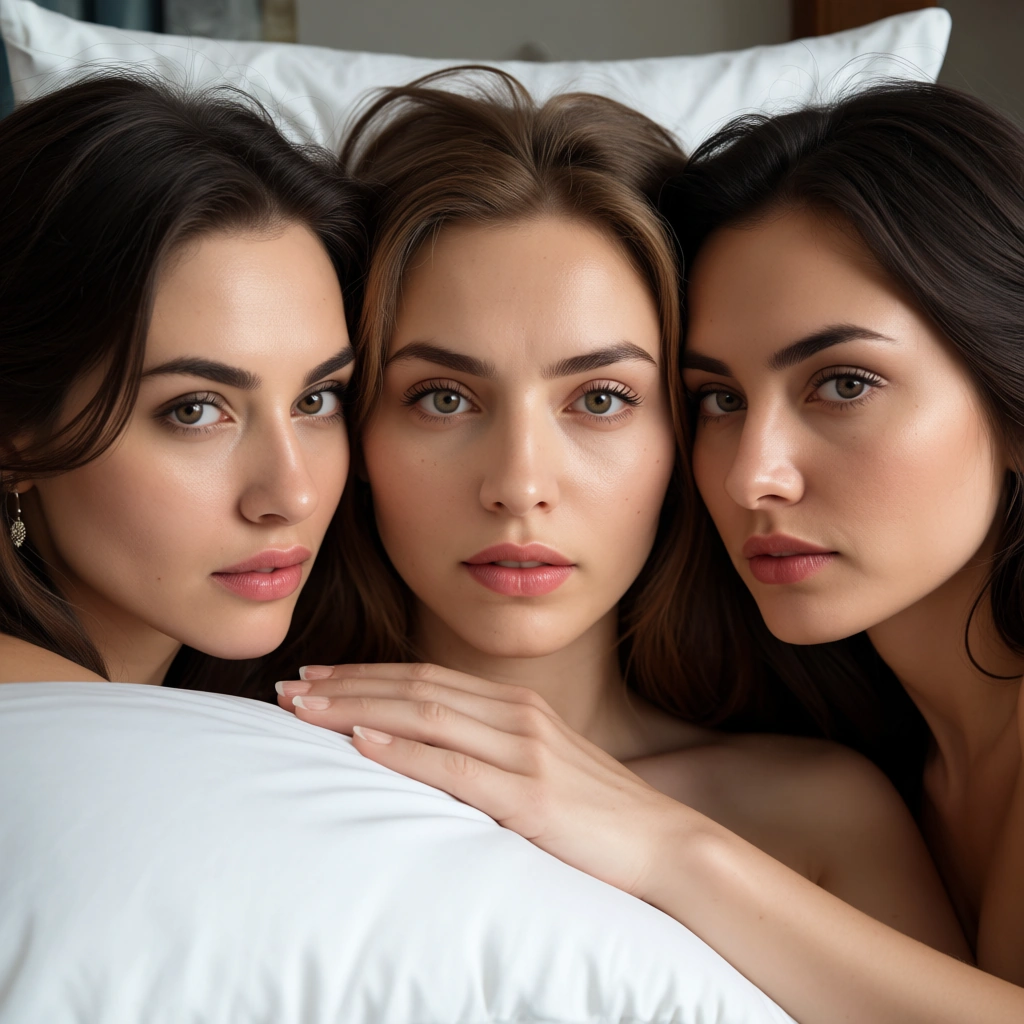 sharp focus, 8k uhd, portrait, 3girls, presenting, fingernails, pillow, dominant stare, studio photo