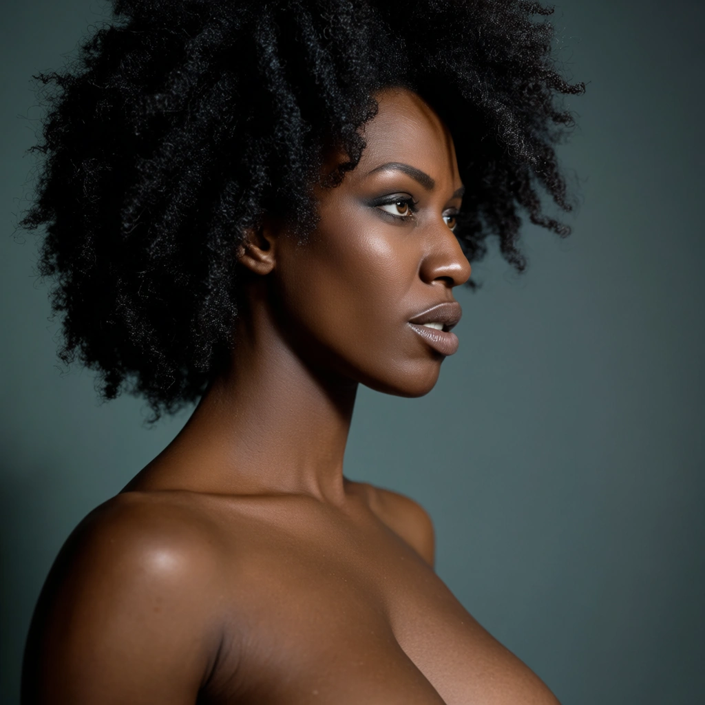 Woman, Igbo, Ebony, High-Contrast Hourglass, Copper Afro, Dark Brown Eyes, 1.7m Height, 38G Breast Size, Bubble Butt.
Side Profile., score_9, score_8, candid photo, realistic skin texture, visible skin pores, film grain, depth of field