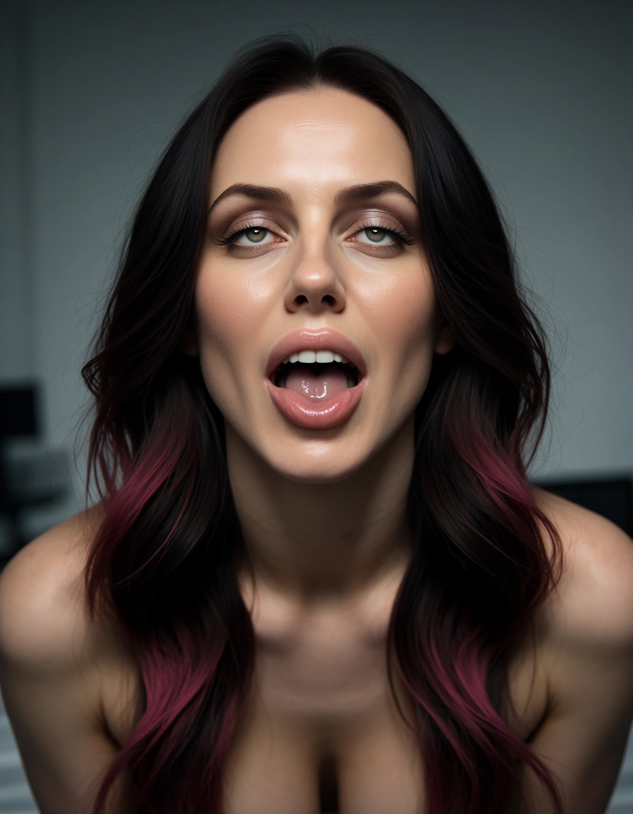 ultra HD, lifelike, milf, gradient hair, tail, ahegao, studio photo, score_9, score_8, candid photo, realistic skin texture, visible skin pores, film grain, depth of field