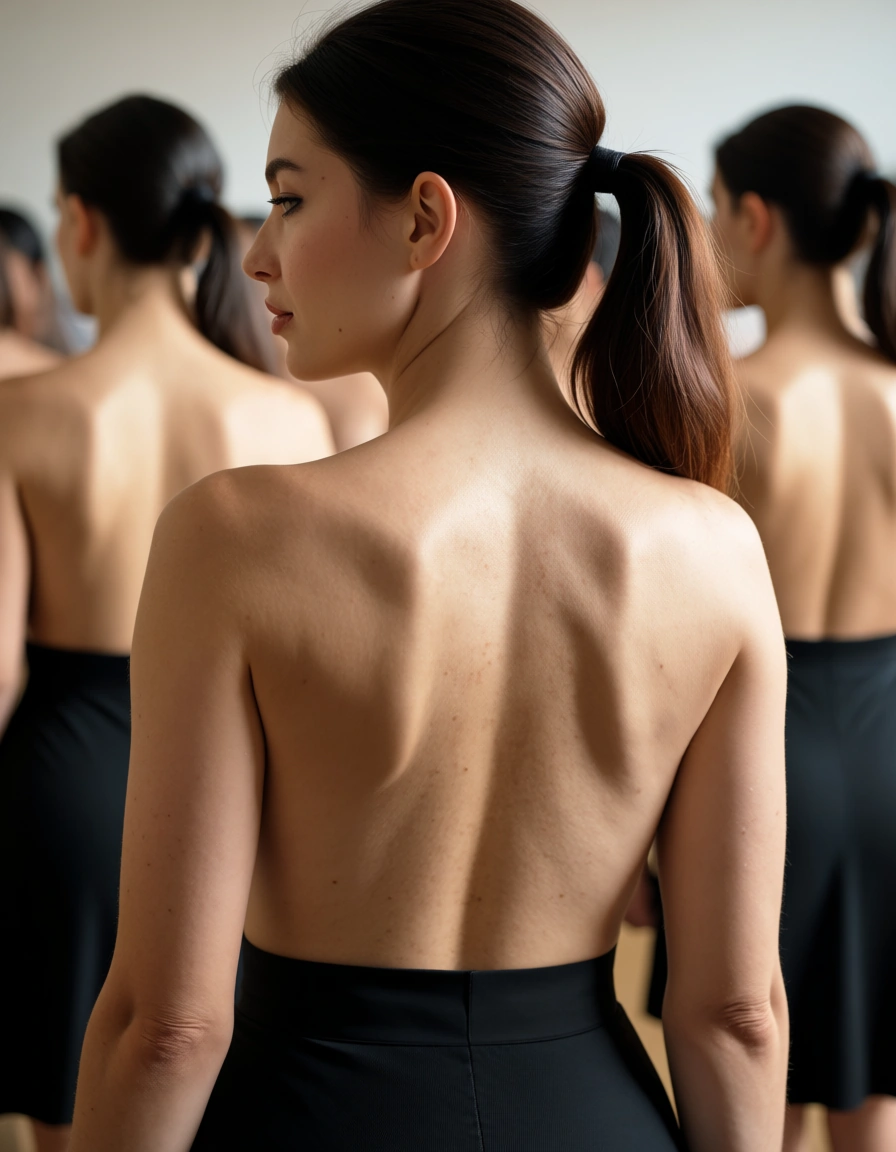 score_9, score_8, @2025, @candid photo, (amateur photography:1.2), (realistic skin texture:1.4), visible skin pores, skin blemishes, goosebumps, natural skin, soft natural lighting, (depth of field), film grain, studio quality, sharp focus, multiple girls, ponytail, black skirt, fully nude, backlit, hyperrealistic