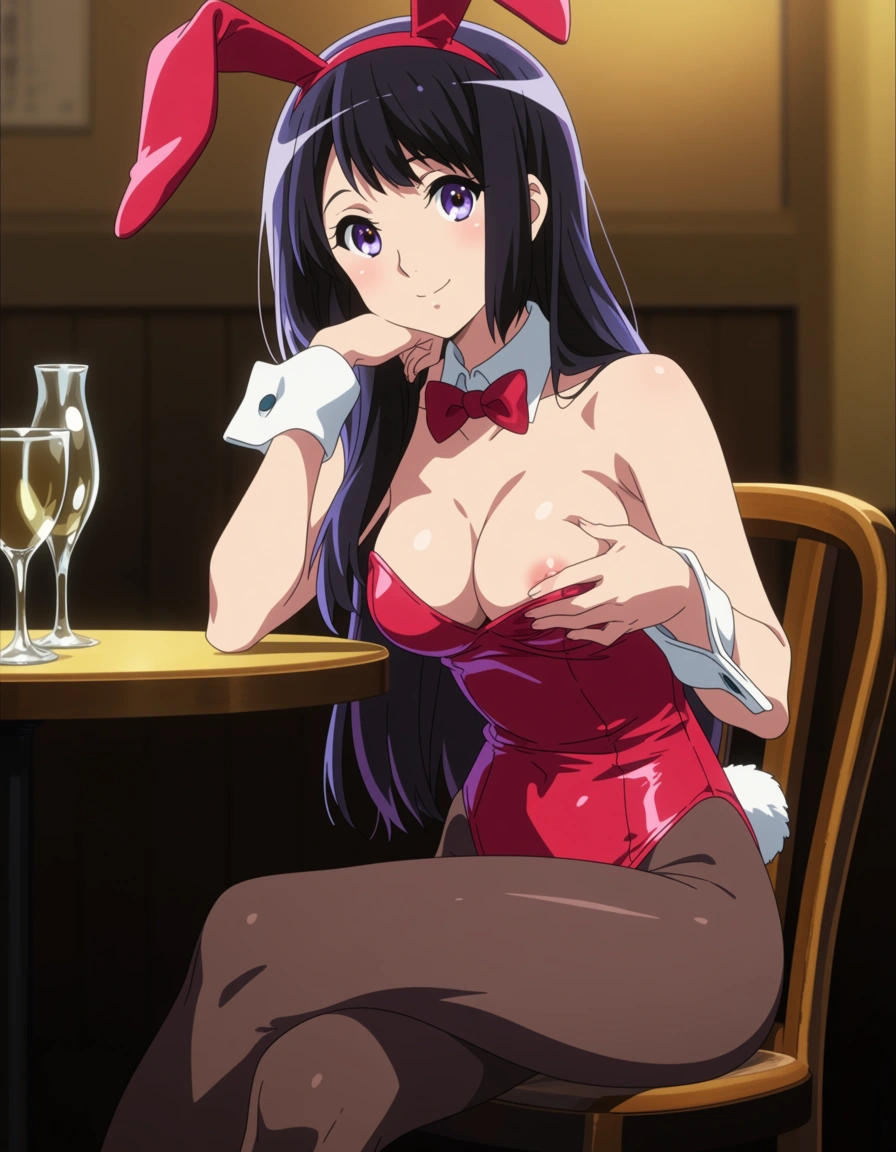 (anime style:1.3), 2d, anime screencap, cel shading, flat color, Reina Kousaka from Hibike! Euphonium   , sitting at the table, one hand on her face, the other hand exposing one breast , bunny outfit  , smile