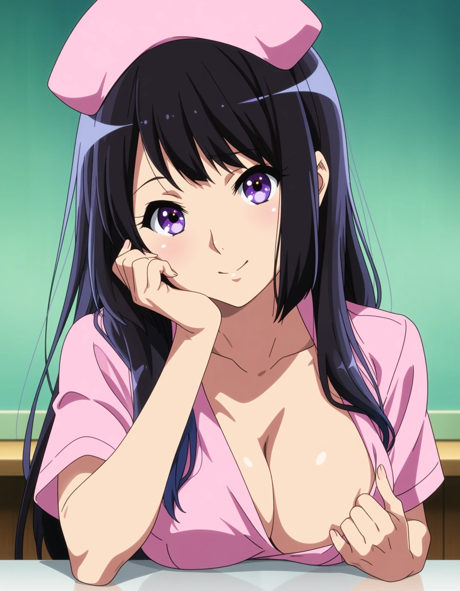 (anime style:1.3), 2d, anime screencap, cel shading, flat color, Reina Kousaka from Hibike! Euphonium   , sitting at the table, one hand on her face, the other hand exposing one breast , nurse outfit  , smile