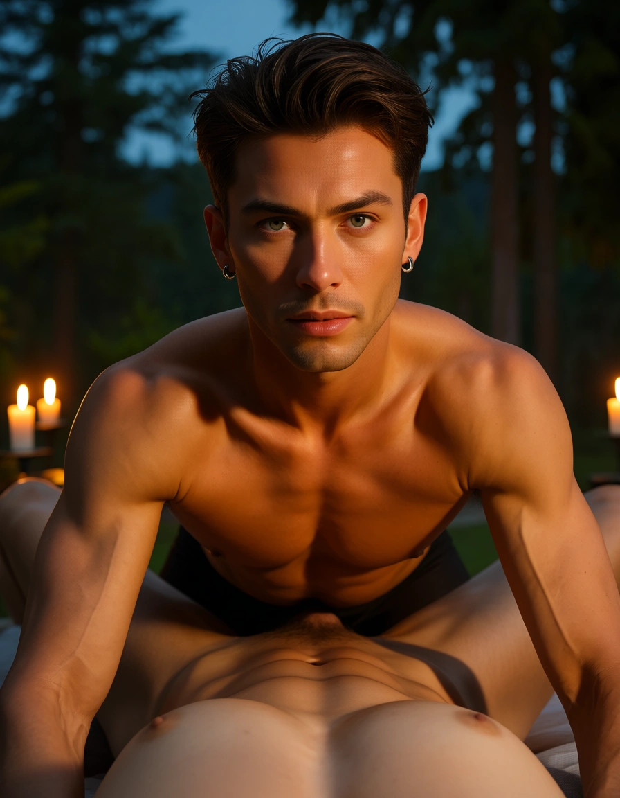 8k, sharp focus, detailed skin, 1boy, toned body, earrings, 69 position, tree, candlelight, natural skin texture, score_9, score_8, candid photo, realistic skin texture, visible skin pores, film grain, depth of field