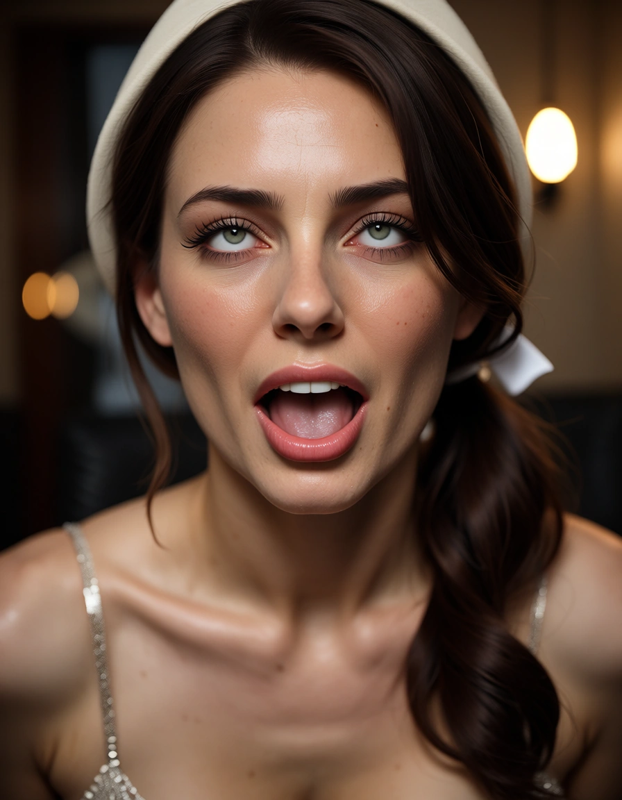 cinematic photo, 8k, brunette woman, side ponytail, hat, ahegao, lifelike render, score_9, score_8, candid photo, realistic skin texture, visible skin pores, film grain, depth of field
