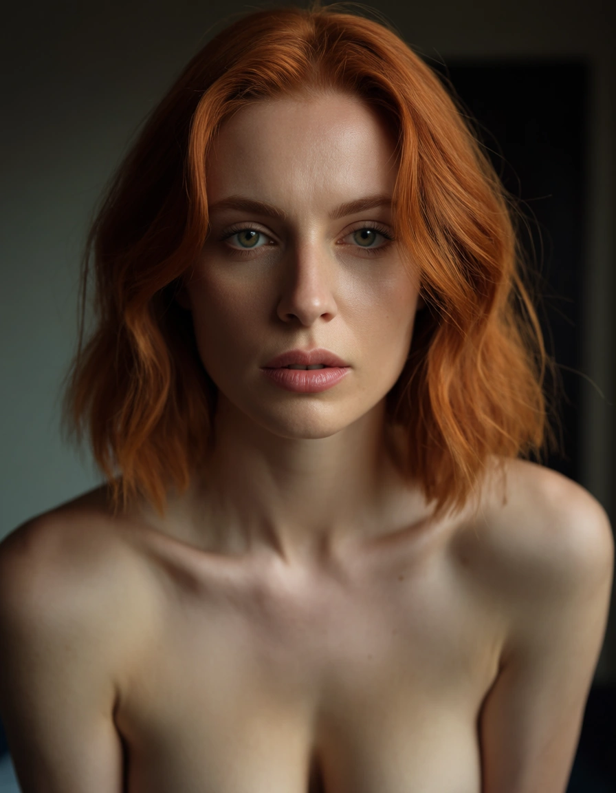 nude redhead, score_9, score_8, candid photo, realistic skin texture, visible skin pores, film grain, depth of field