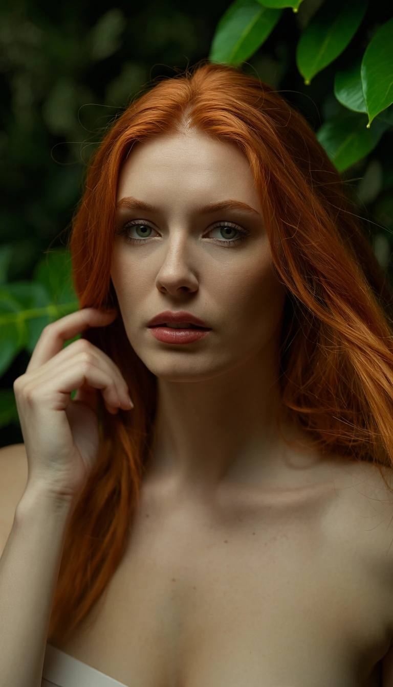 dslr, film grain, photorealistic, dutch angle, redhead woman, hair pull, hourglass figure, leaf, cinematic realism