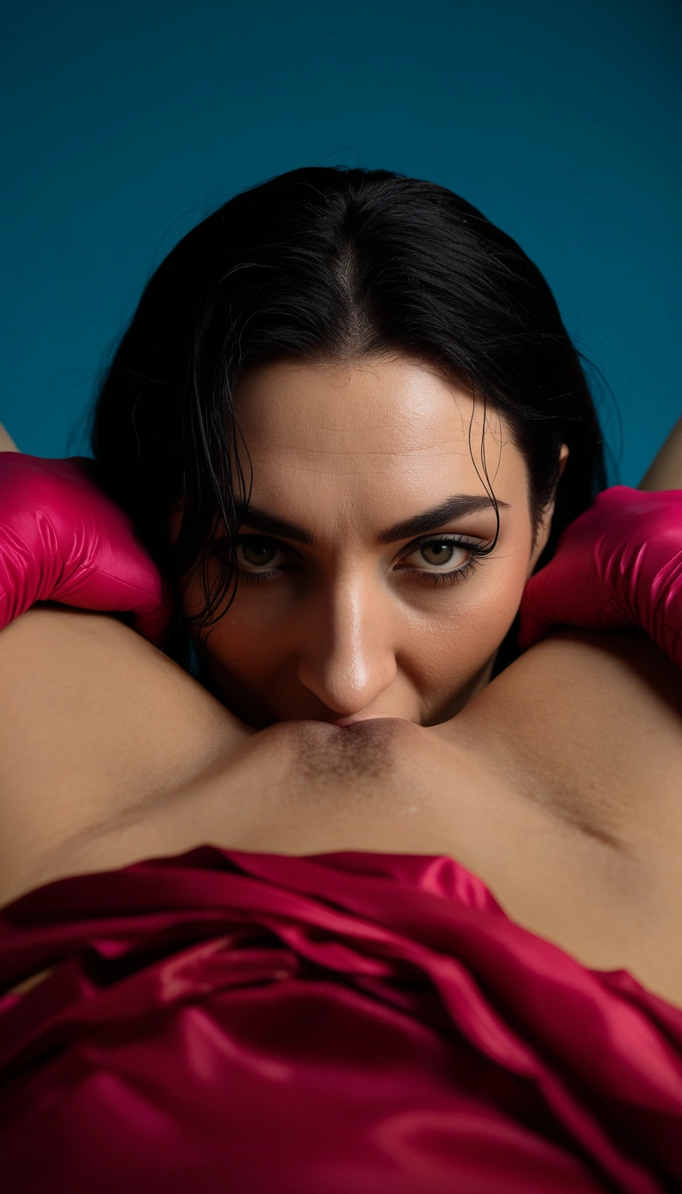 Indian milf , saree, cinematic photo, 8k, solo, hands up, elbow gloves, showering, cunnilingus, blue background, POV, 8k uhd photo