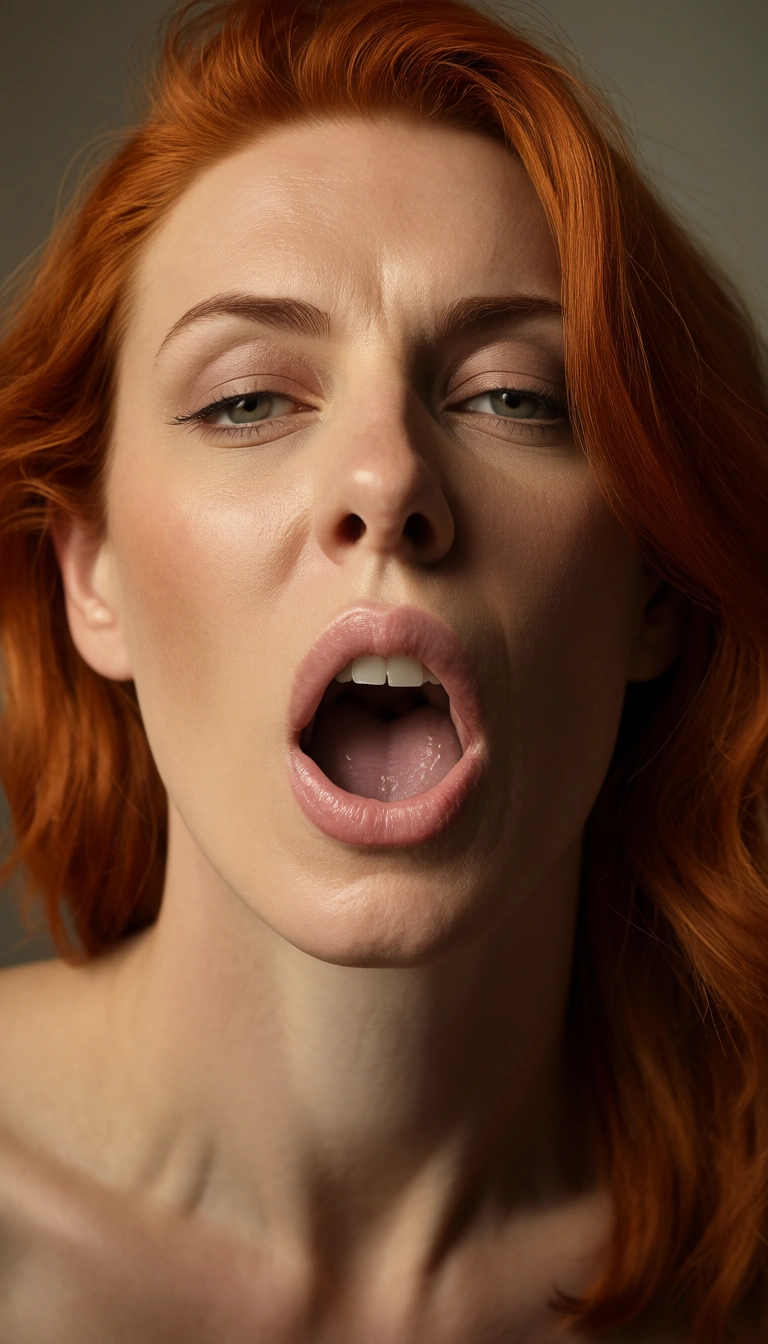 RAW photo, ultra realistic, portrait, redhead woman, deepthroat, she said take me please