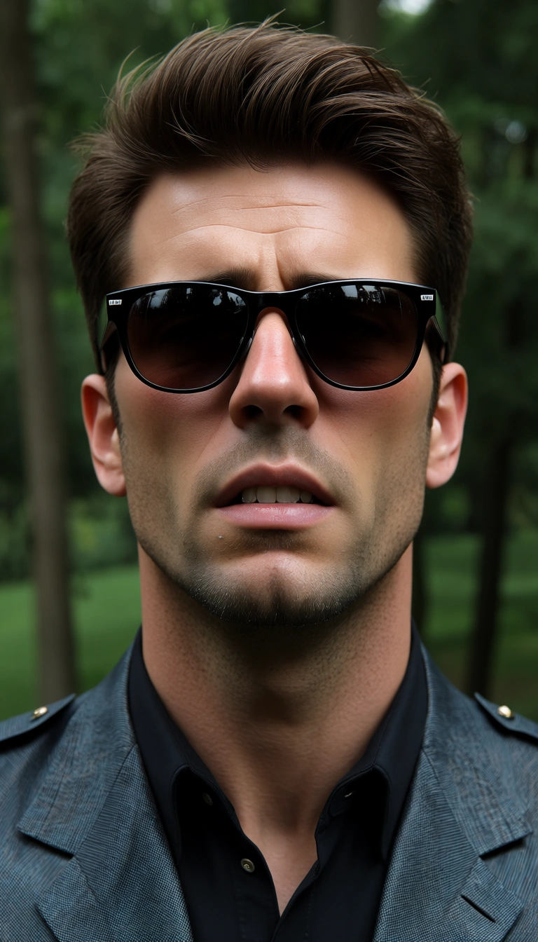 studio quality, sharp focus, 1boy, orgasm, sunglasses, tree, nervous blush, hyperrealistic