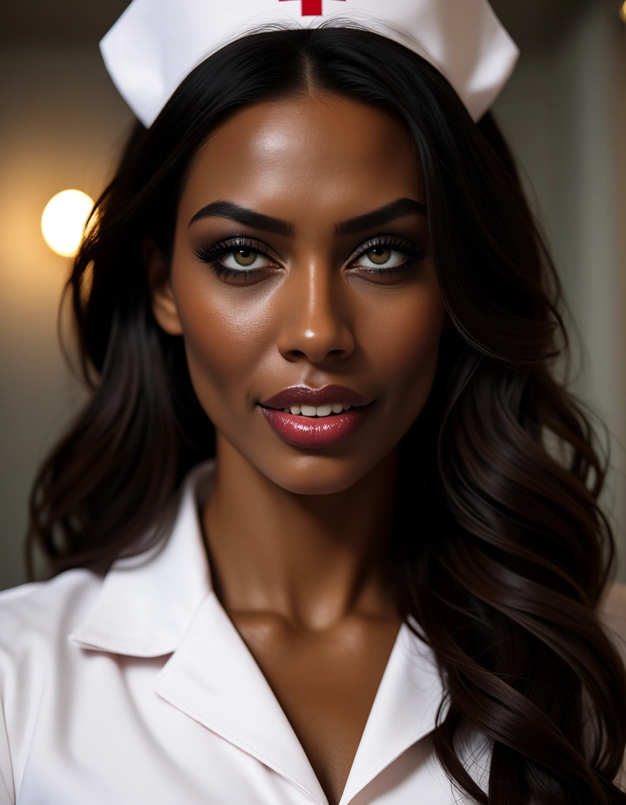 best quality, hyperrealistic, nurse, ahegao, dark-skinned female, confident gaze, lifelike render, score_9, score_8, candid photo, realistic skin texture, visible skin pores, film grain, depth of field