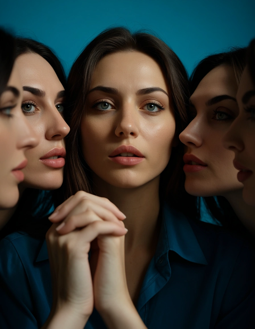 highly detailed, natural lighting, 5girls, holding hands, collared shirt, facesitting, blue background, low angle, studio photo_(object), score_9, score_8, candid photo, realistic skin texture, visible skin pores, film grain, depth of field