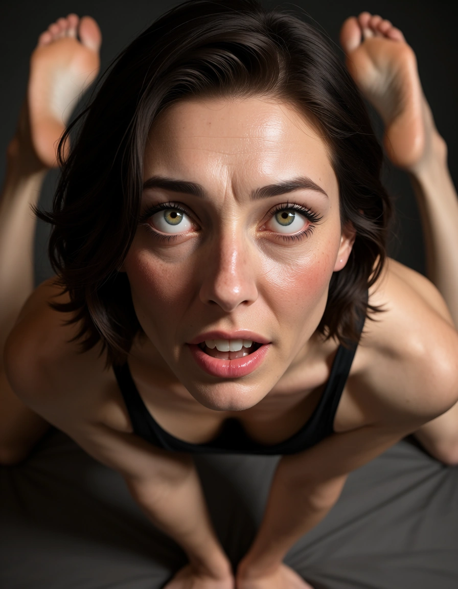 8k, sharp focus, detailed skin, POV, 1boy, ahegao, barefoot, nervous blush, hyperrealistic, score_9, score_8, candid photo, realistic skin texture, visible skin pores, film grain, depth of field
