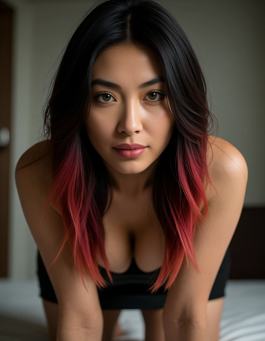 sharp focus, 8k uhd, mature female, gradient hair, black skirt, on all fours, volumetric light, photorealistic,asian, score_9, score_8, candid photo, realistic skin texture, visible skin pores, film grain, depth of field