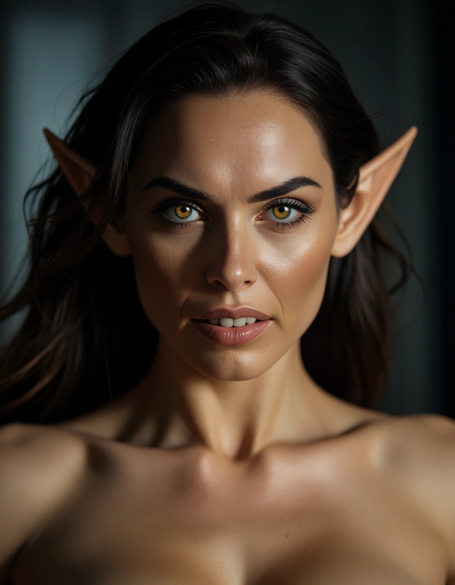 ultra HD, lifelike, medium shot, office lady, fully nude, pointy ears, wild energy, film photography, score_9, score_8, candid photo, realistic skin texture, visible skin pores, film grain, depth of field