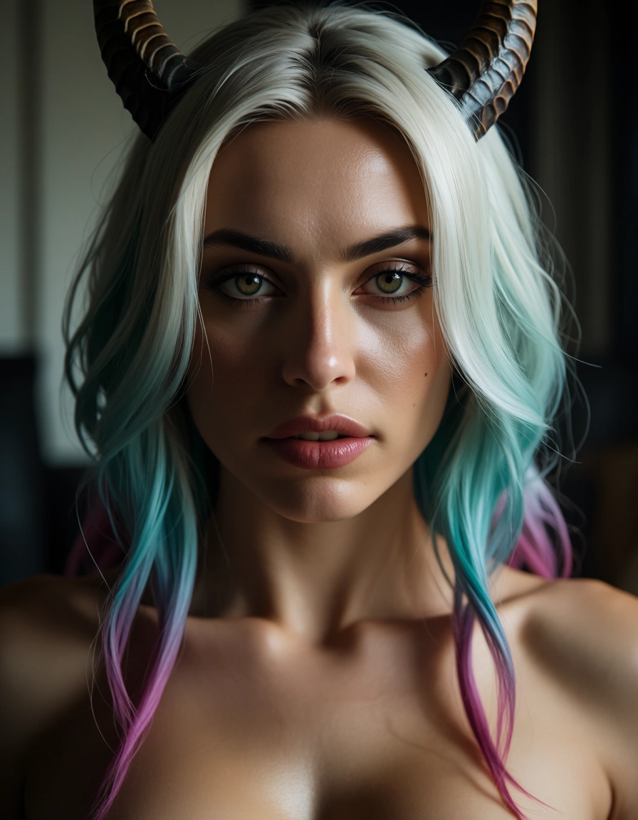 highly detailed, natural lighting, 1woman, gradient hair, horns, futanari, golden hour, 8k uhd photo, score_9, score_8, candid photo, realistic skin texture, visible skin pores, film grain, depth of field