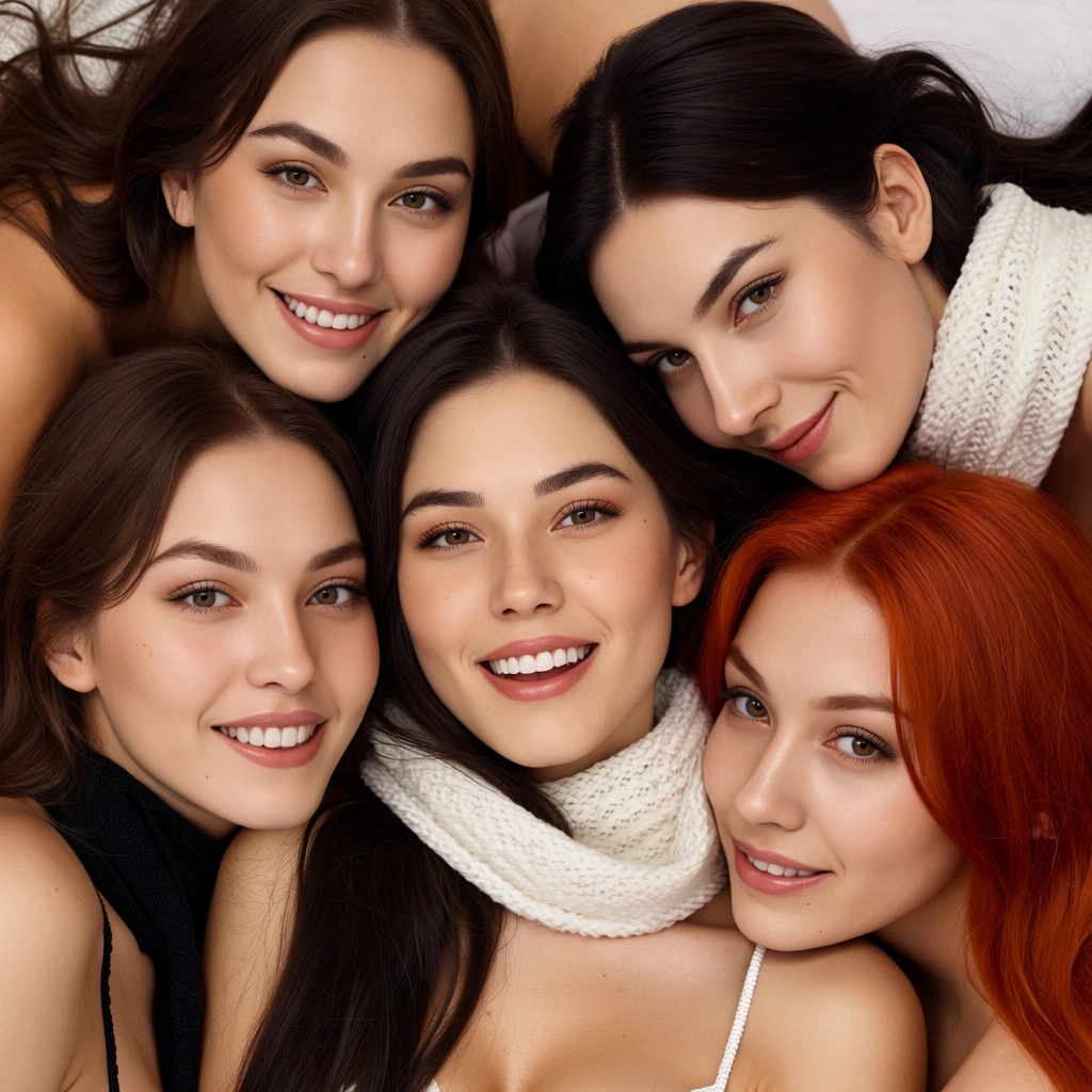 ultra HD, lifelike, 5girls, 69 position, scarf, playful expression, lifelike render