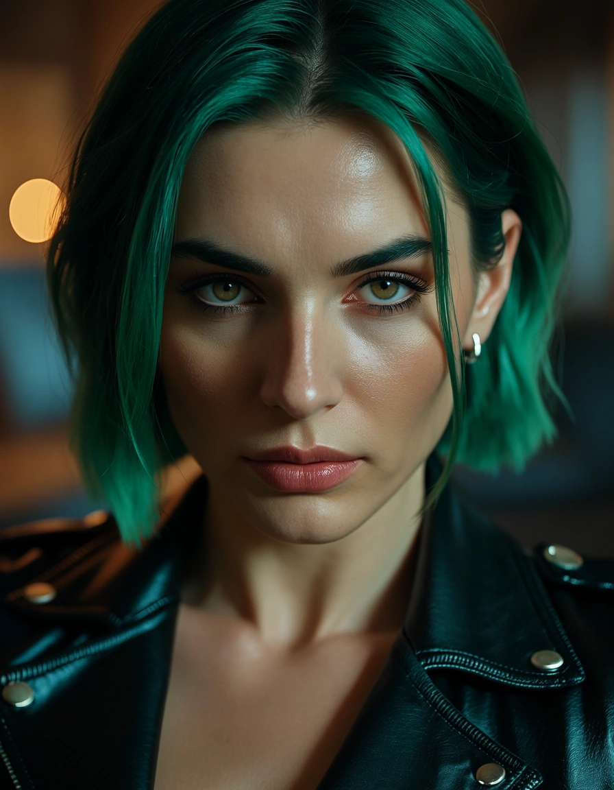 dslr, film grain, photorealistic, solo, green hair, jacket, futanari, hyperrealistic, score_9, score_8, candid photo, realistic skin texture, visible skin pores, film grain, depth of field