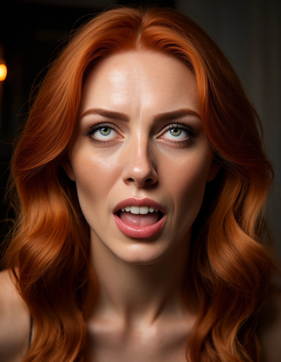 8k, sharp focus, detailed skin, redhead woman, official alternate costume, ahegao, cinematic realism, score_9, score_8, candid photo, realistic skin texture, visible skin pores, film grain, depth of field