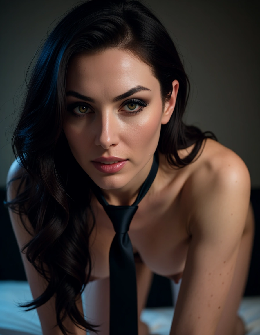 sharp focus, 8k uhd, demon girl, necktie, on all fours, backlit, hyperrealistic, score_9, score_8, candid photo, realistic skin texture, visible skin pores, film grain, depth of field