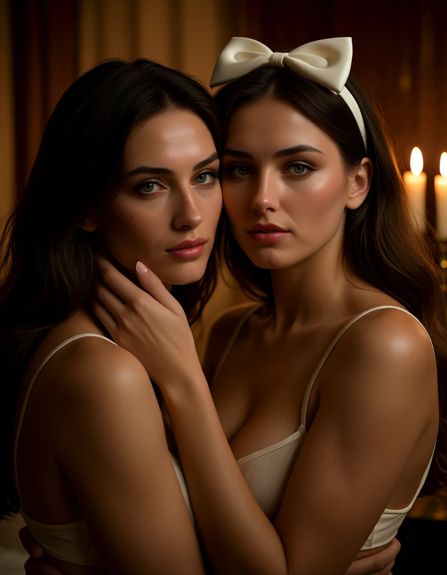 cinematic photo, 8k, couple, bow, facesitting, candlelight, hyperrealistic, score_9, score_8, candid photo, realistic skin texture, visible skin pores, film grain, depth of field