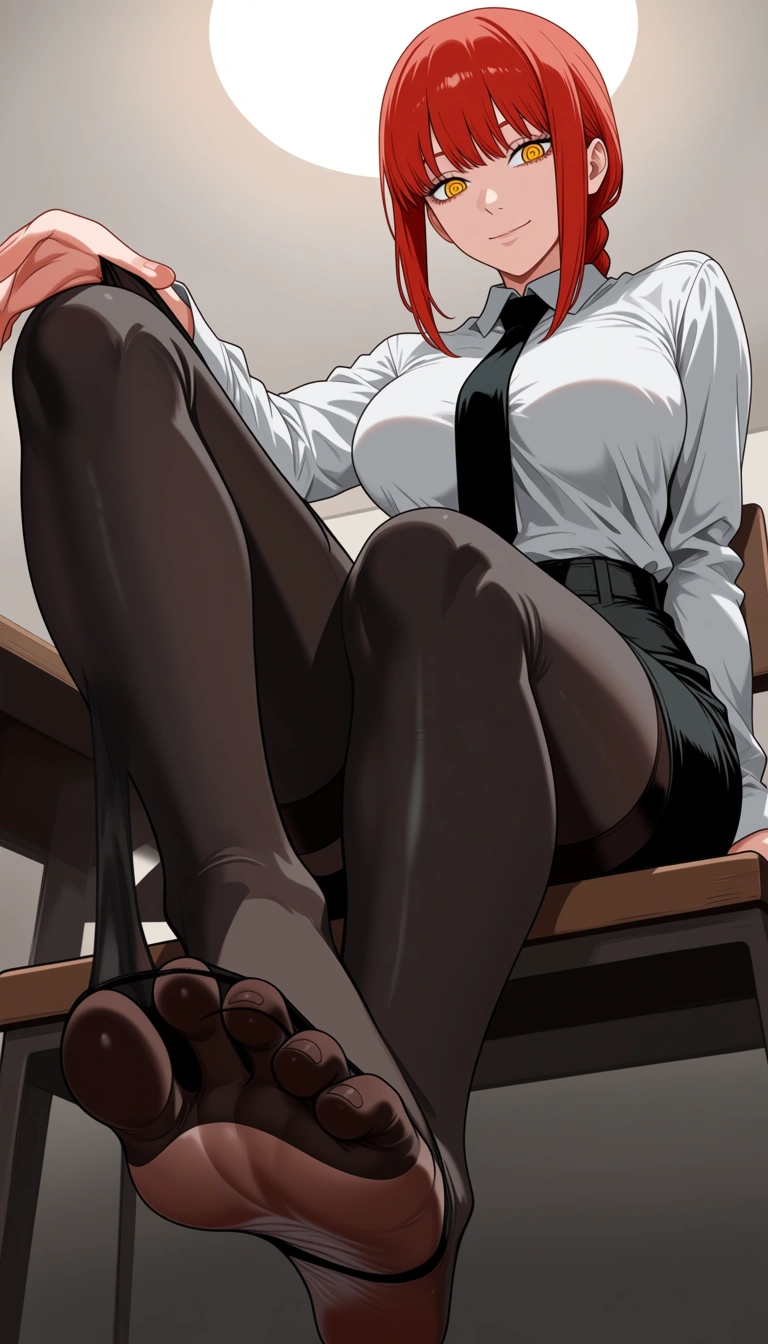 @makima_(chainsaw_man) #white_shirt #tie #black_thighhighs #looking_at_viewer #feet #sitting #choker the toes stretch up, hentai_studio_quality