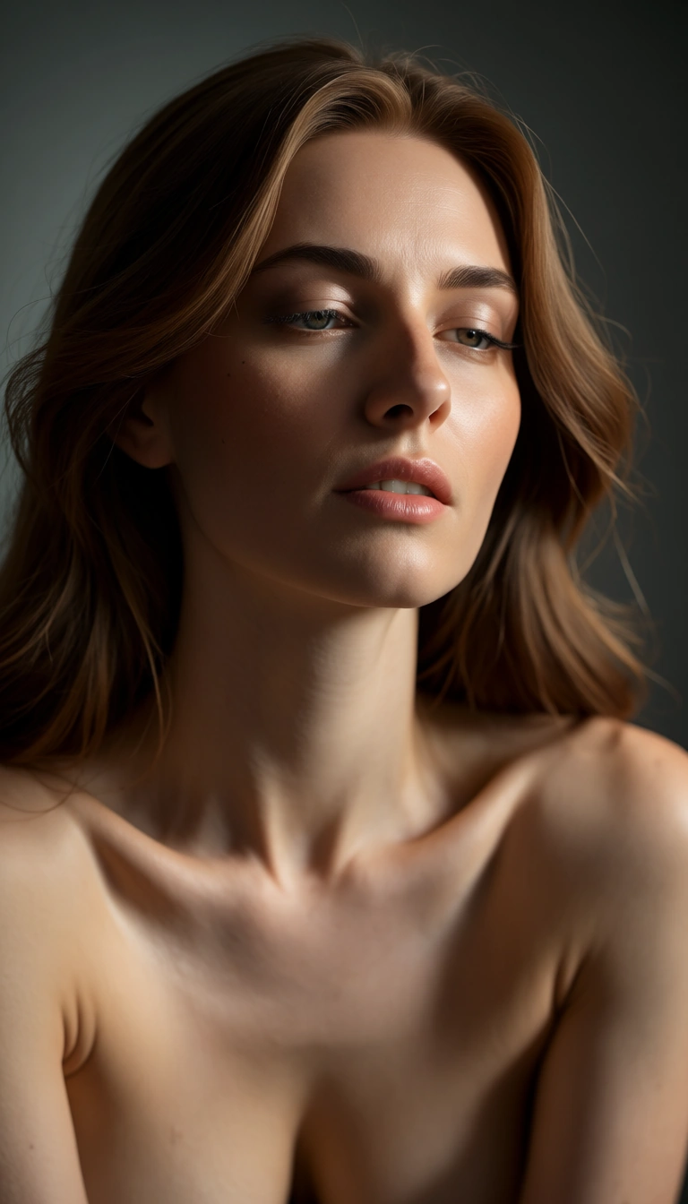 professional photo, high detail, princess, grinding, collarbone, gradient background, relaxed mood, cinematic realism