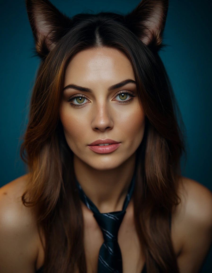 sharp focus, 8k uhd, catgirl, long hair, necktie, facesitting, score_9, score_8, candid photo, realistic skin texture, visible skin pores, film grain, depth of field