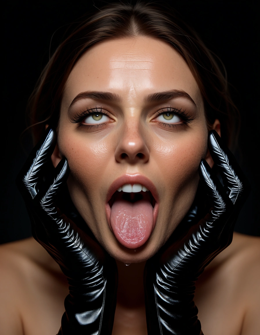 8k, sharp focus, detailed skin, 4girls, black gloves, ahegao, 8k uhd photo, score_9, score_8, candid photo, realistic skin texture, visible skin pores, film grain, depth of field