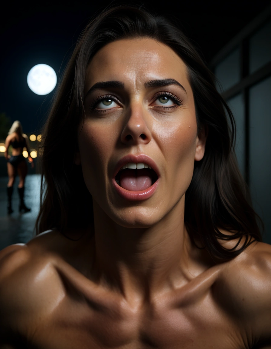 8k, sharp focus, detailed skin, 2women, muscular male, boots, ahegao, depth of field, portrait, moonlight, lifelike render, score_9, score_8, candid photo, realistic skin texture, visible skin pores, film grain, depth of field