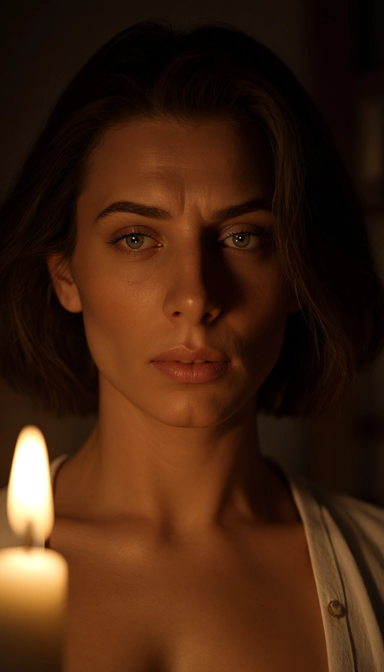 8k, sharp focus, detailed skin, male focus, breasts, white shirt, masturbation, portrait, candlelight, 8k uhd photo