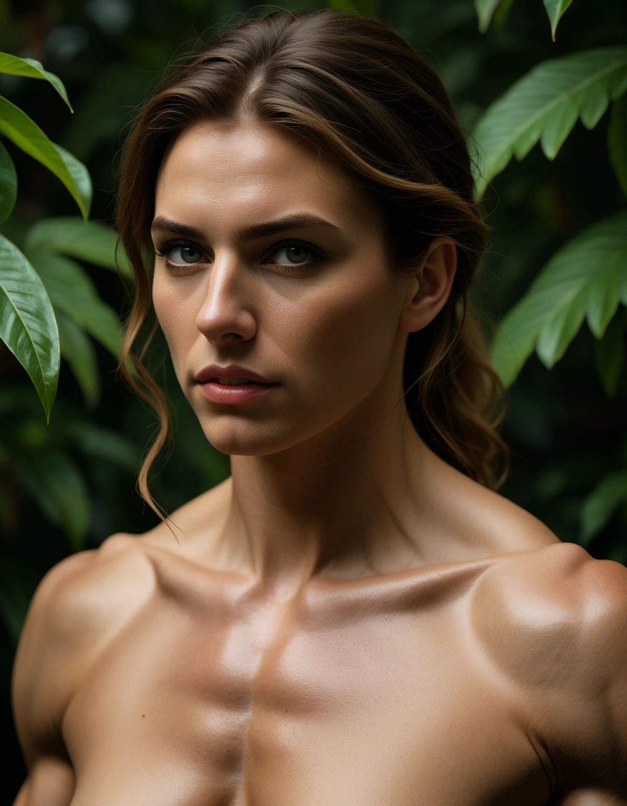 8k, sharp focus, detailed skin, nurse, muscular, sleeveless, fully nude, leaf, portrait, RAW photo, score_9, score_8, candid photo, realistic skin texture, visible skin pores, film grain, depth of field