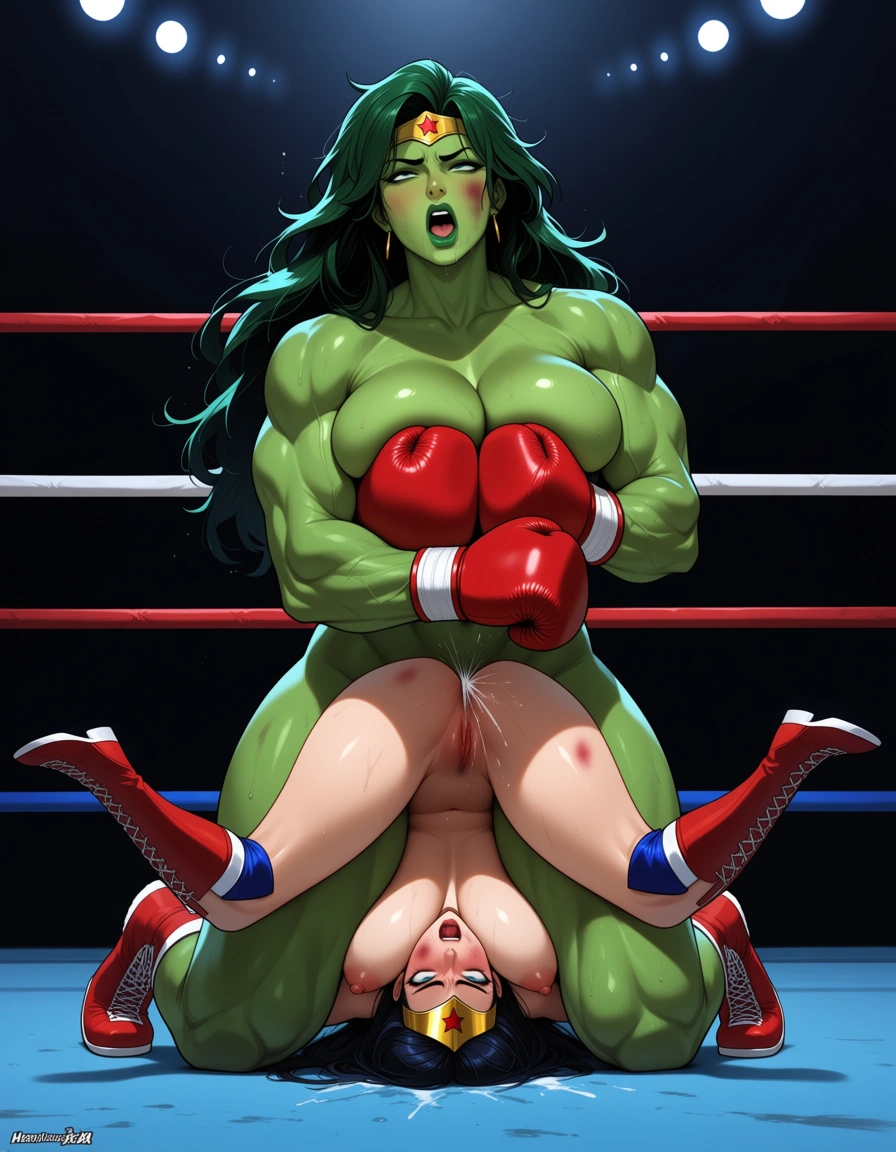 Wonder_woman , she_hulk, catfight, boxing,  wrestling , yuri , bruised , defeated , scared , ahegao , nude , squirting, gym, sex_toy, hentai_studio_quality, hentai_studio_quality