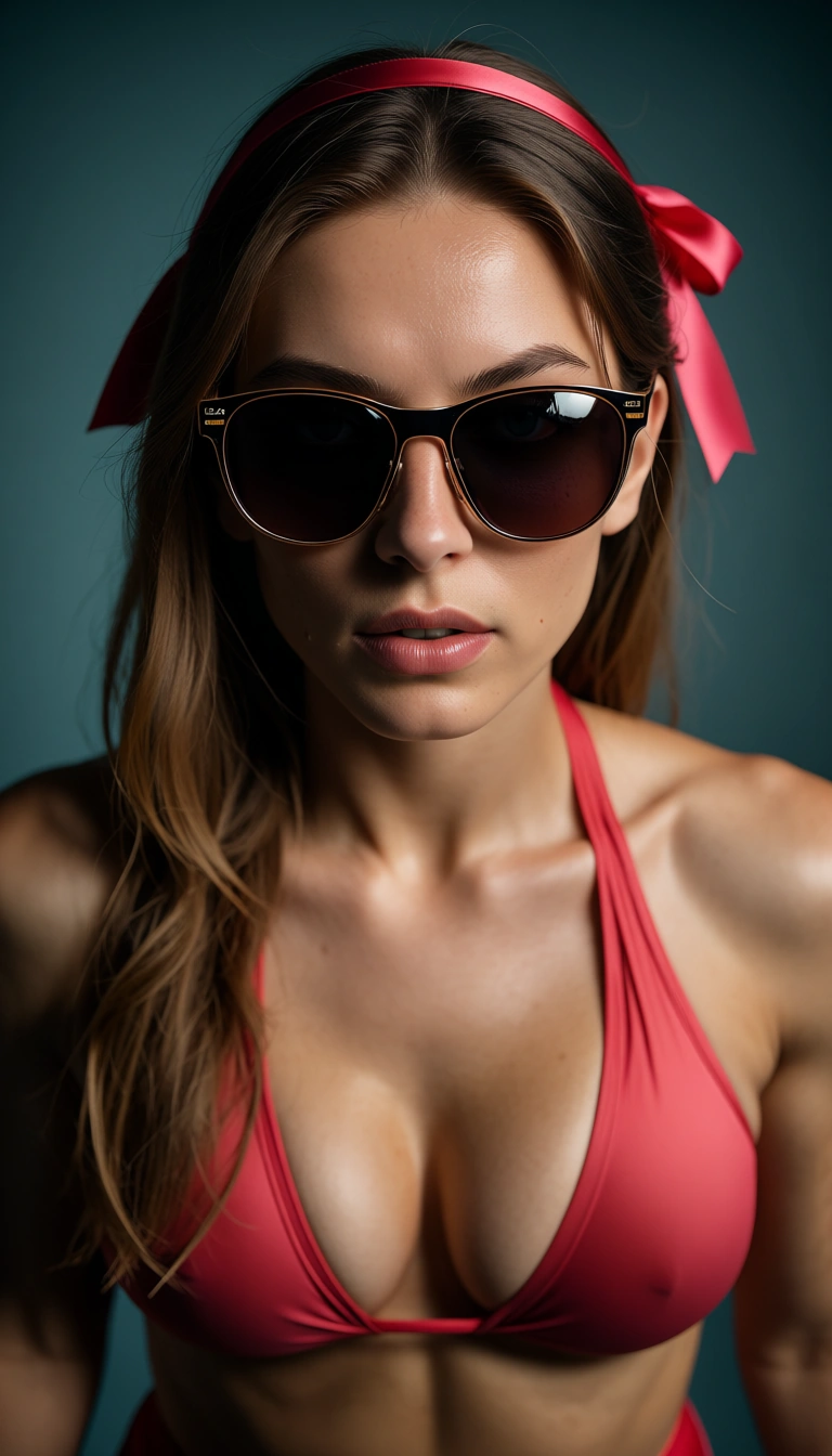 cinematic photo, 8k, fitness model, sunglasses, ribbon, facesitting, transparent background, rim light, cinematic realism