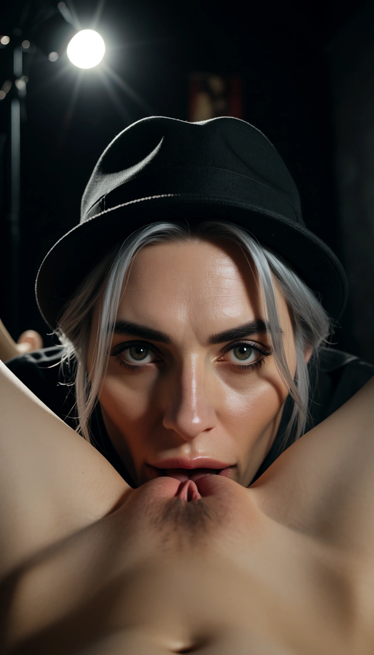 ultra HD, lifelike, 1other, grey hair, hat, cunnilingus, spotlight, cinematic realism