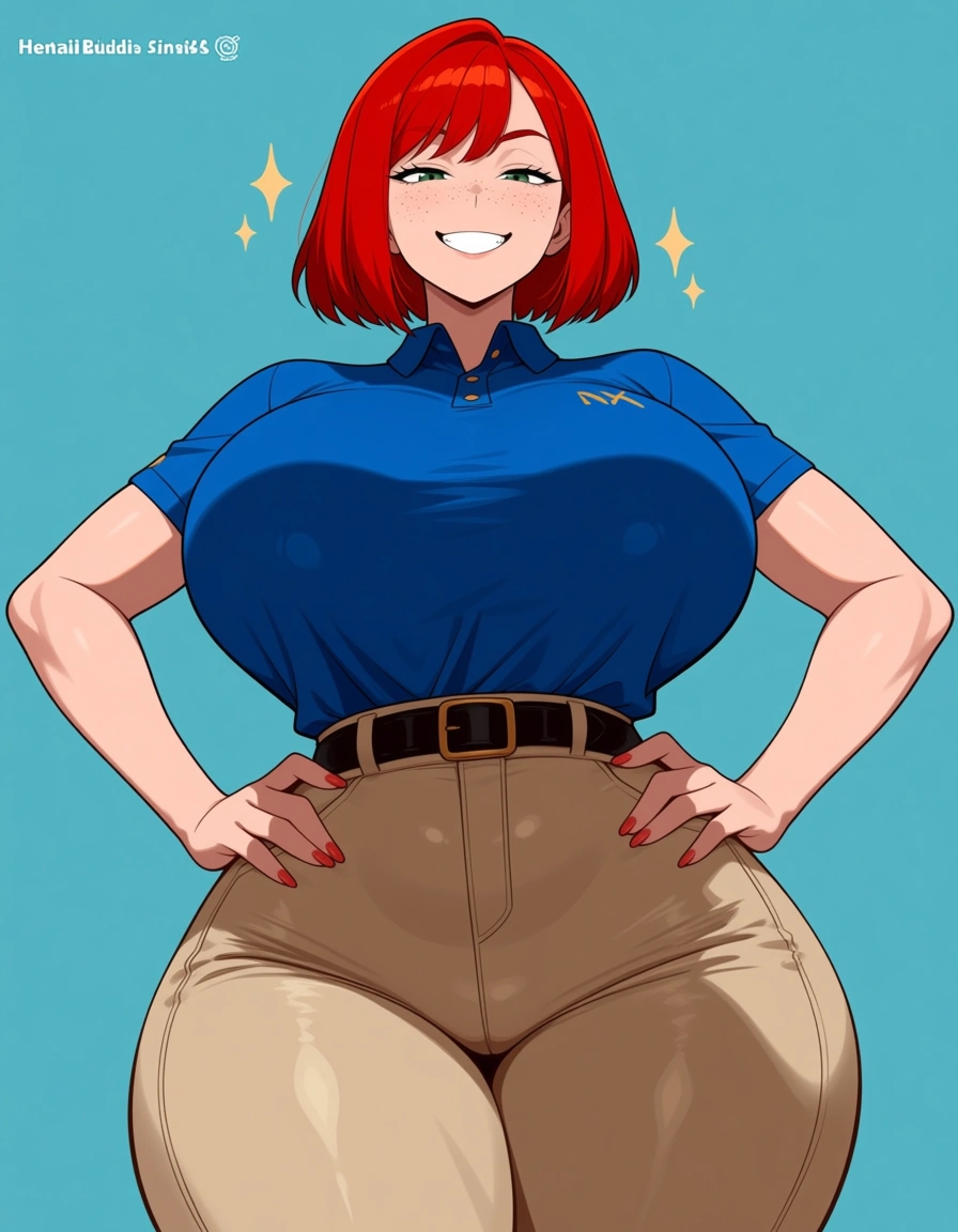 Enormous breasts, red hair, blue polo, tan tight pants, freckles, smile,, hentai_studio_quality